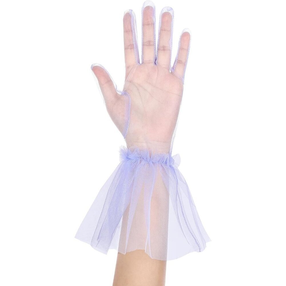 Women's Puffy Ruffle Lavender Tulle Sheer Mesh Party Prom One Size Short Gloves - Picture 2 of 7